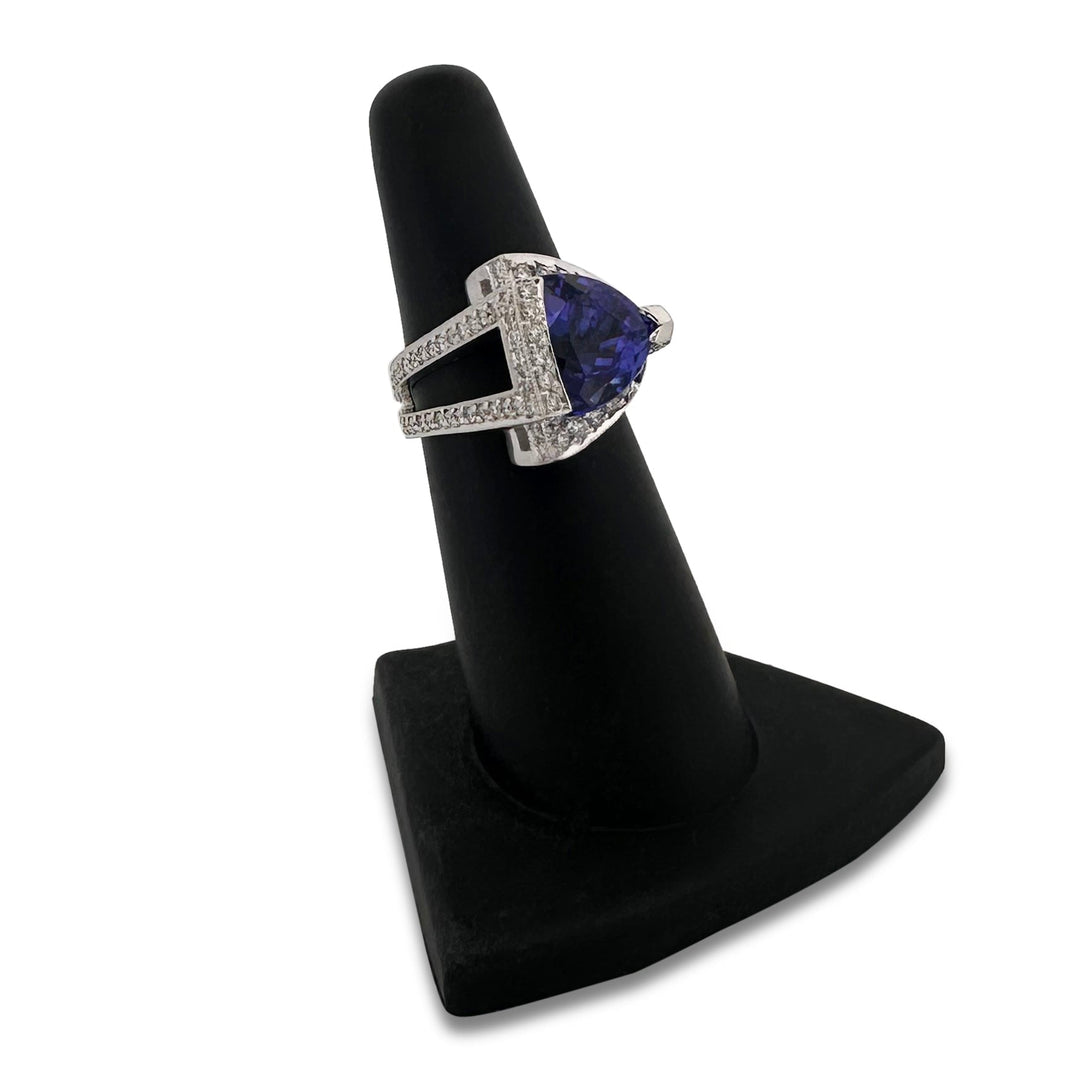 Triangular Tanzanite & Round Brilliant Natural Diamond Cocktail Ring in 18k White Gold