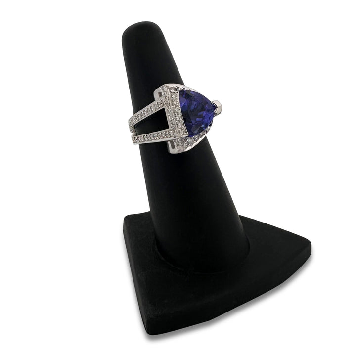 Triangular Tanzanite & Round Brilliant Natural Diamond Cocktail Ring in 18k White Gold