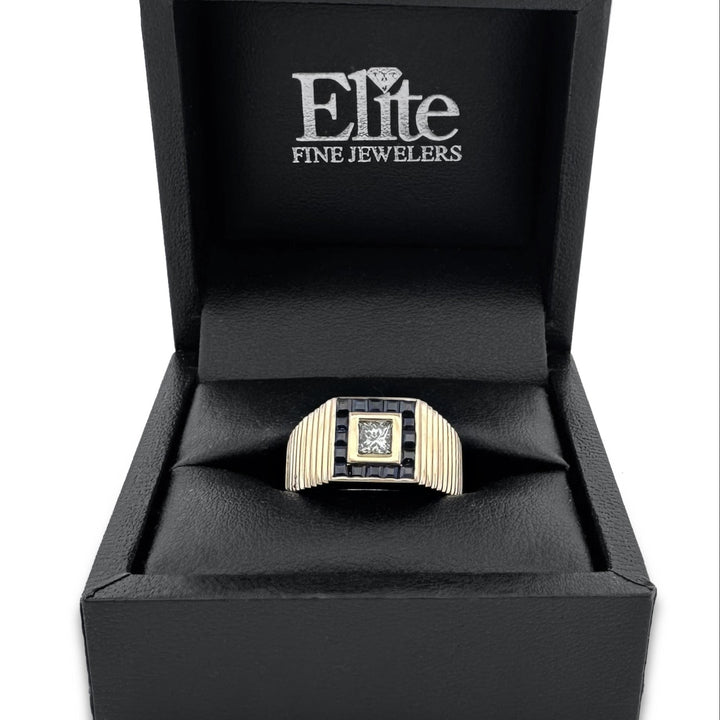 0.50ct Princess Cut Natural Diamond and Sapphire Men's Ring in 14k Yellow Gold