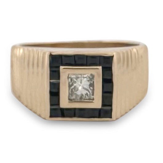 0.50ct Princess Cut Natural Diamond and Sapphire Men's Ring in 14k Yellow Gold