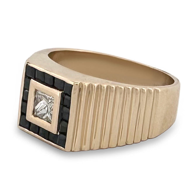 0.50ct Princess Cut Natural Diamond and Sapphire Men's Ring in 14k Yellow Gold