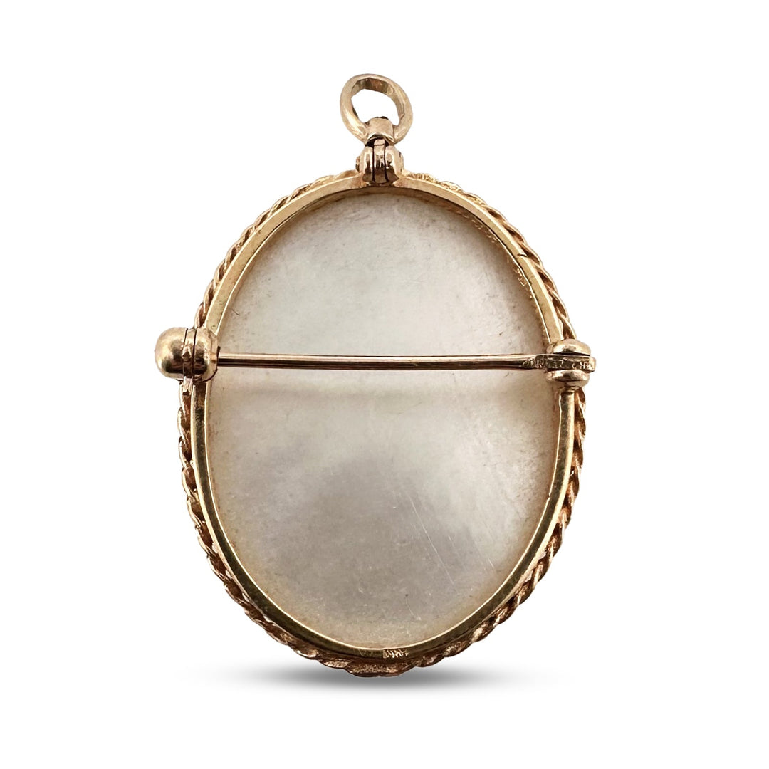 Vintage Carved Mother of Pearl Cameo Brooch/Pendant in 14k Yellow Gold
