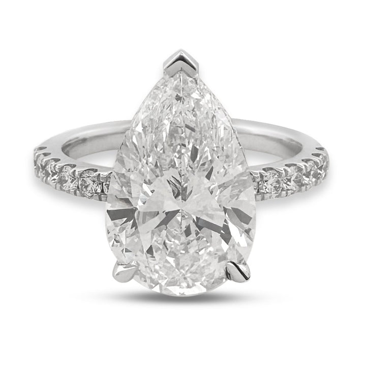 IGI Graded 4.04ct Pear Center with Round Brilliants Lab-Grown Diamond Hidden Halo Engagement Ring in 14k White Gold