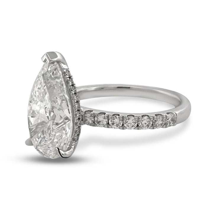 IGI Graded 4.04ct Pear Center with Round Brilliants Lab-Grown Diamond Hidden Halo Engagement Ring in 14k White Gold