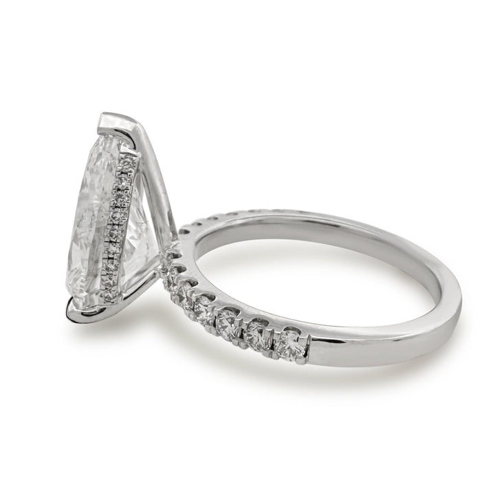 IGI Graded 4.04ct Pear Center with Round Brilliants Lab-Grown Diamond Hidden Halo Engagement Ring in 14k White Gold