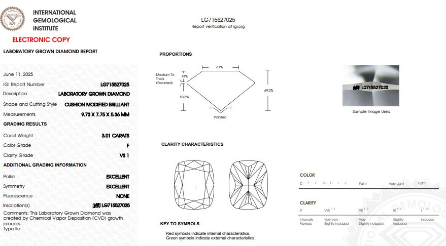 IGI Graded 3.01ct Cushion Cut Lab-Grown Diamond Solitaire Engagement Ring in 14k White Gold