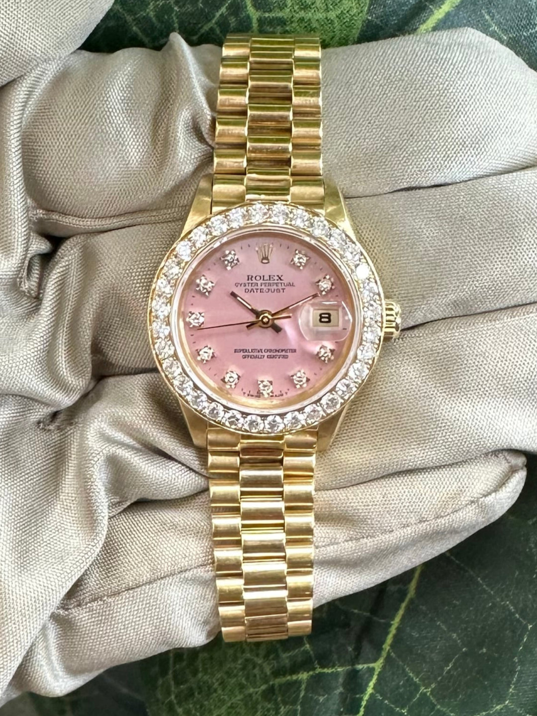 1984 Lady's Rolex Datejust "President" 18k Yellow Gold Watch with Diamond Bezel with Box