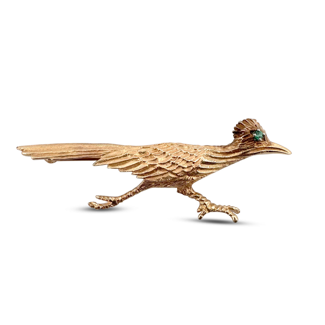 Vintage Turquoise Roadrunner Brooch in 14k Yellow Gold