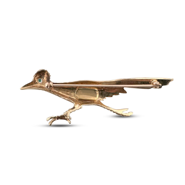 Vintage Turquoise Roadrunner Brooch in 14k Yellow Gold