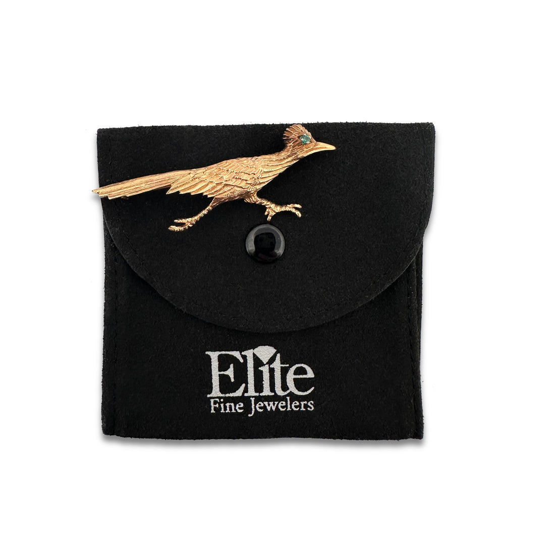 Vintage Turquoise Roadrunner Brooch in 14k Yellow Gold