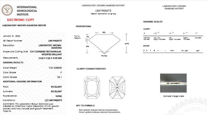 Loose IGI Graded 7.01ct Radiant Cut Lab-Grown Diamond, F Color, VS1 Clarity