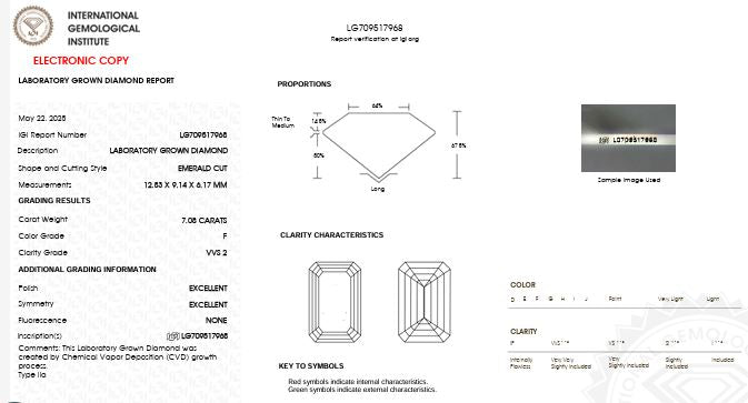 Loose IGI Graded 7.08ct Emerald Cut Lab-Grown Diamond, F Color, VVS2 Clarity