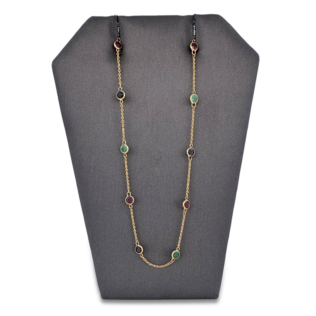 Round Ruby, Emerald & Blue Sapphire Gemstone by the Yard Station Necklace in 21k Yellow Gold