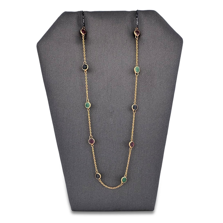Round Ruby, Emerald & Blue Sapphire Gemstone by the Yard Station Necklace in 21k Yellow Gold