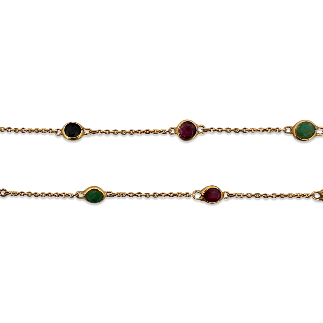 Round Ruby, Blue Sapphire & Emerald Gemstone by the Yard Station Necklace in 21k Yellow Gold
