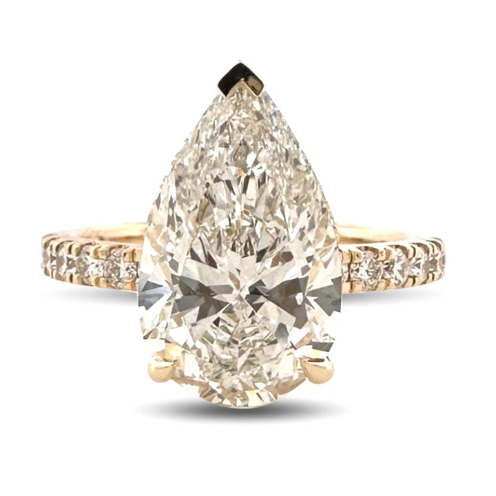IGI Graded 4.01ct Pear with Round Brilliants Lab-Grown Diamond Hidden Halo Engagement Ring in 14k Yellow Gold