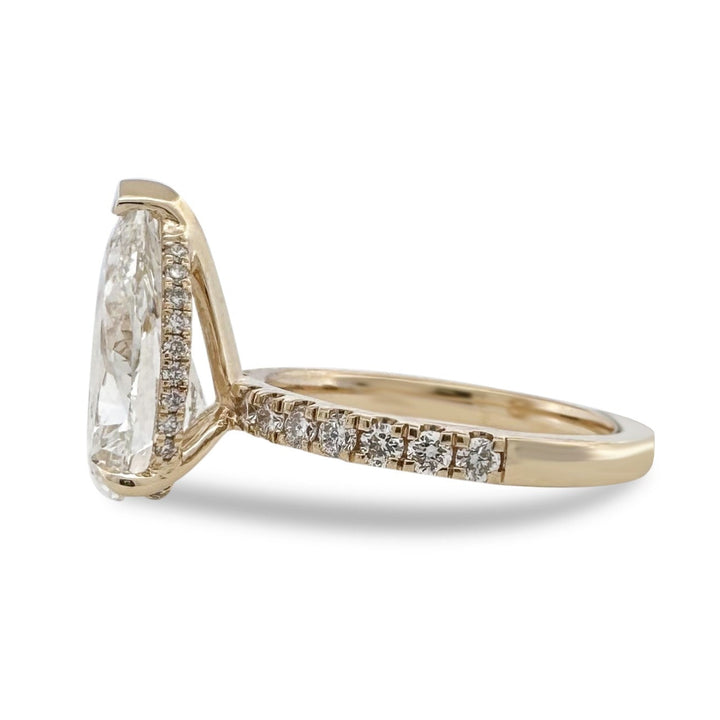 IGI Graded 4.01ct Pear with Round Brilliants Lab-Grown Diamond Hidden Halo Engagement Ring in 14k Yellow Gold