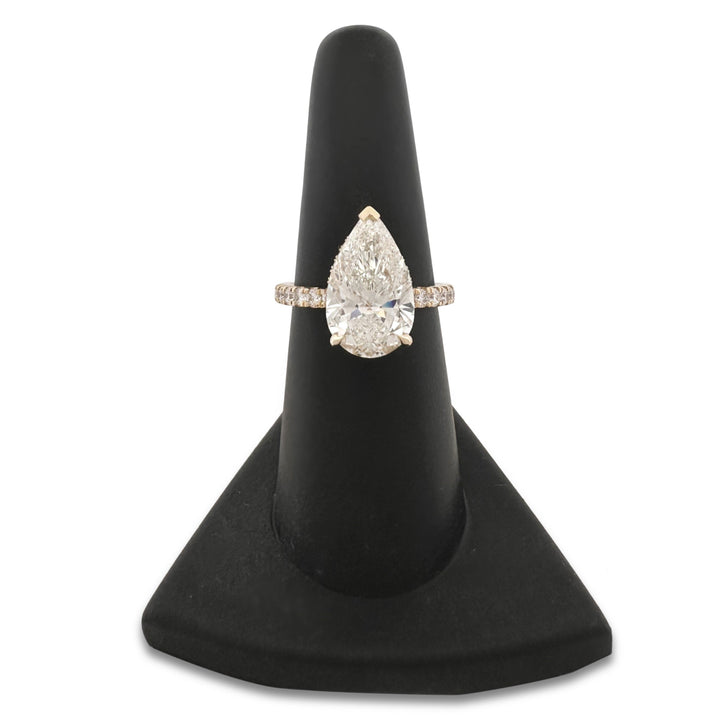 IGI Graded 4.01ct Pear with Round Brilliants Lab-Grown Diamond Hidden Halo Engagement Ring in 14k Yellow Gold