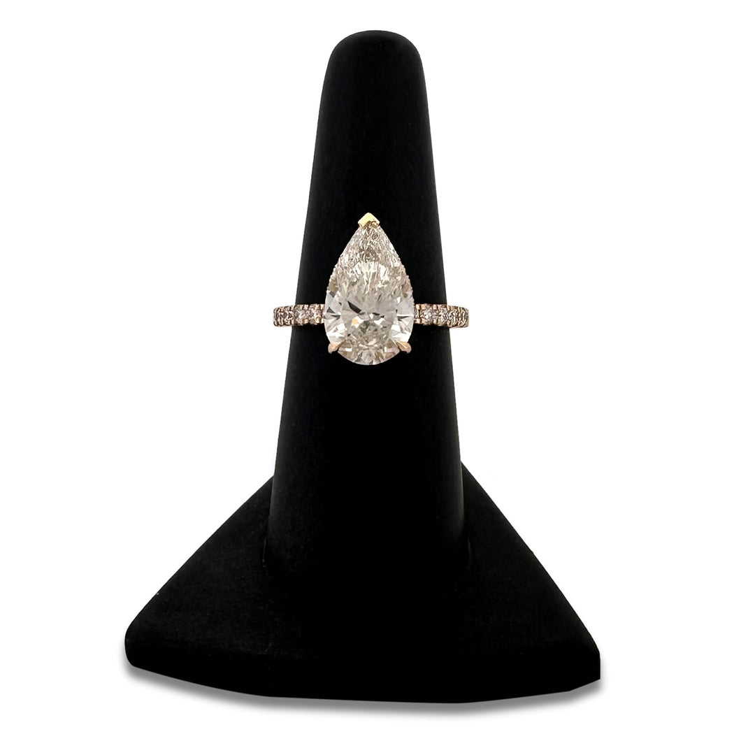 IGI Graded 4.01ct Pear with Round Brilliants Lab-Grown Diamond Hidden Halo Engagement Ring in 14k Yellow Gold