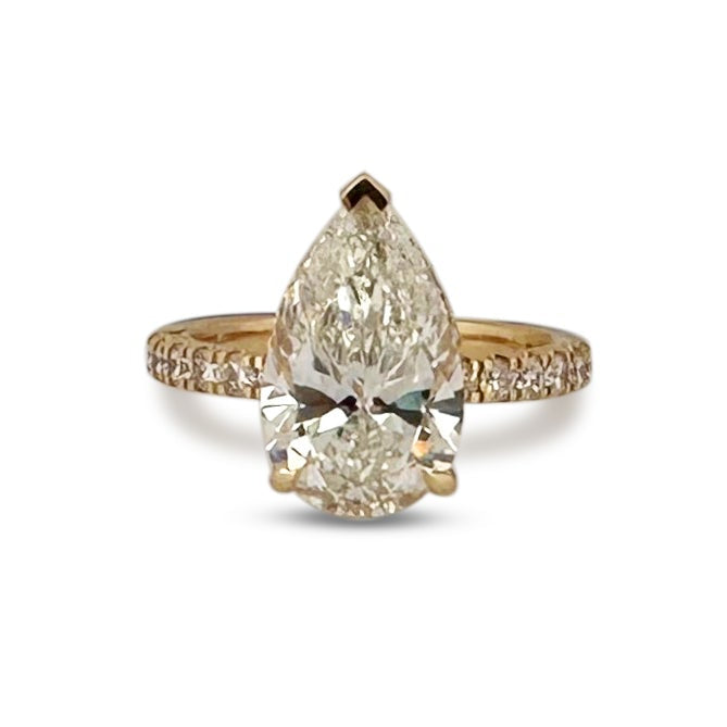 IGI Graded 4.01ct Pear with Round Brilliants Lab-Grown Diamond Hidden Halo Engagement Ring in 14k Yellow Gold