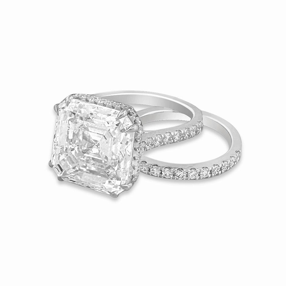 IGI Graded 12.01ct Asscher Cut & Round Brilliant Cut Lab-Grown Diamond Hidden Halo Wedding Set in 14k White Gold