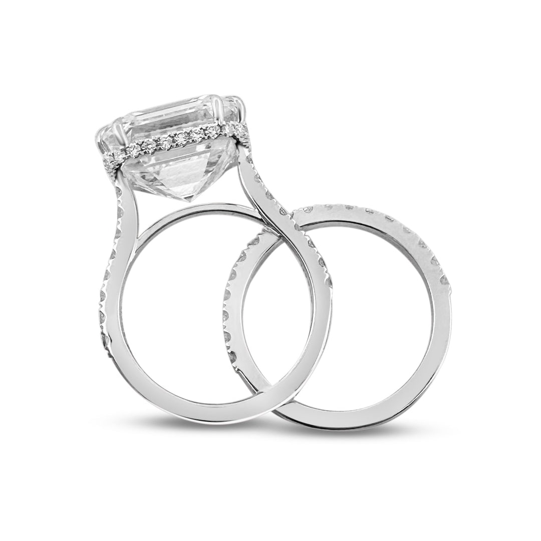 IGI Graded 12.01ct Asscher Cut & Round Brilliant Cut Lab-Grown Diamond Hidden Halo Wedding Set in 14k White Gold