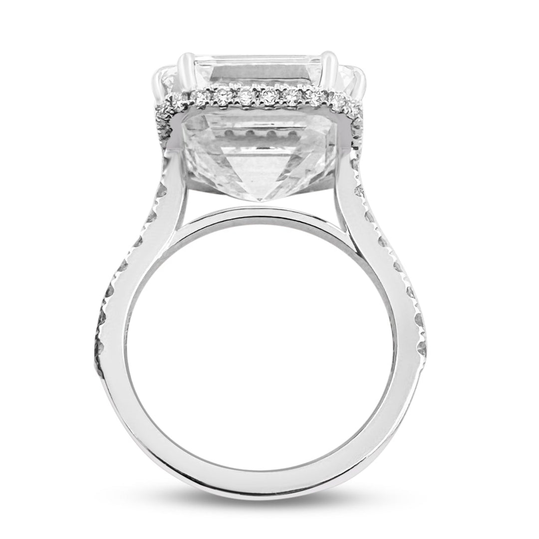 IGI Graded 12.01ct Asscher Cut & Round Brilliant Cut Lab-Grown Diamond Hidden Halo Wedding Set in 14k White Gold