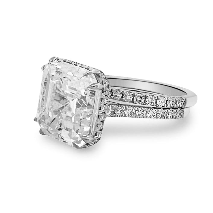 IGI Graded 12.01ct Asscher Cut & Round Brilliant Cut Lab-Grown Diamond Hidden Halo Wedding Set in 14k White Gold