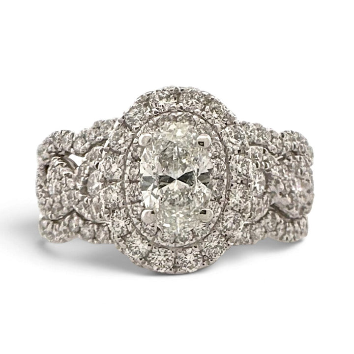 1.27ctw Oval with Round Brilliant Natural Diamond Double Halo Engagement Ring in 14k White Gold by Neil Lane