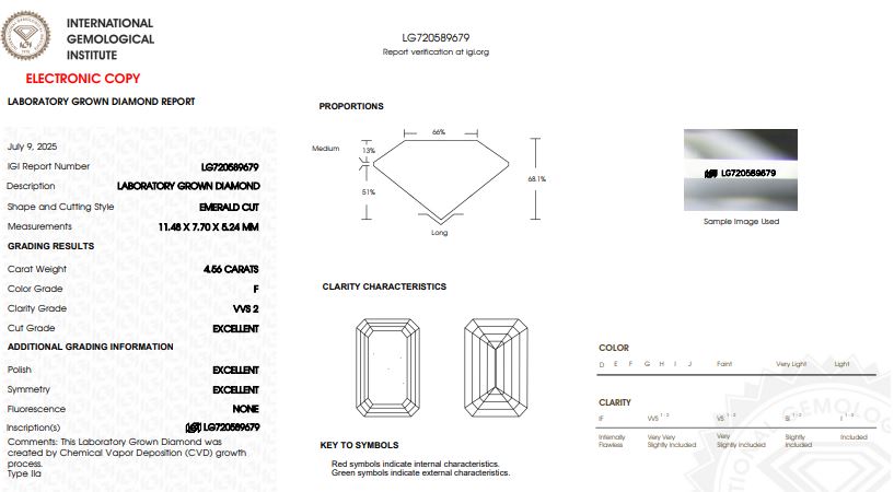 Loose IGI Graded 4.56ct Emerald Cut Lab-Grown Diamond, F Color, VVS2 Clarity