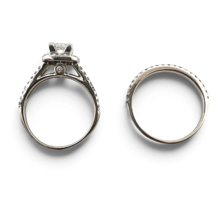 0.92ct Leo Cut Princess with Round Brilliant Natural Diamond Halo Wedding Set in 14k White Gold