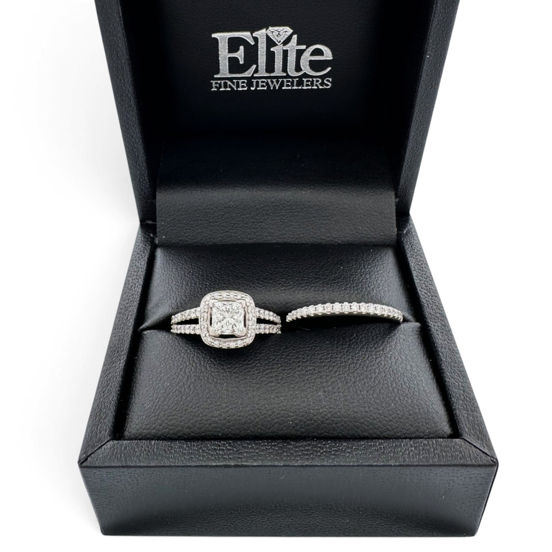 0.92ct Leo Cut Princess with Round Brilliant Natural Diamond Halo Wedding Set in 14k White Gold