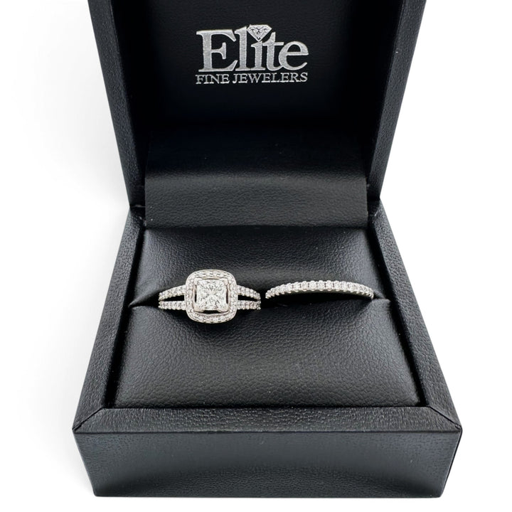 0.92ct Leo Cut Princess with Round Brilliant Natural Diamond Halo Wedding Set in 14k White Gold