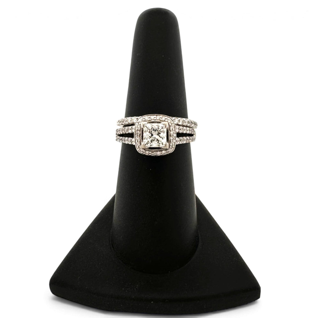 0.92ct Leo Cut Princess with Round Brilliant Natural Diamond Halo Wedding Set in 14k White Gold