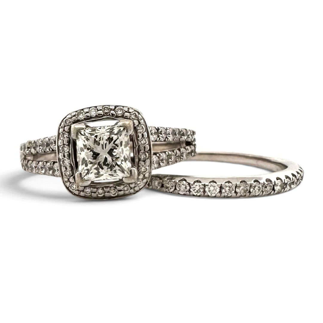 0.92ct Leo Cut Princess with Round Brilliant Natural Diamond Halo Wedding Set in 14k White Gold