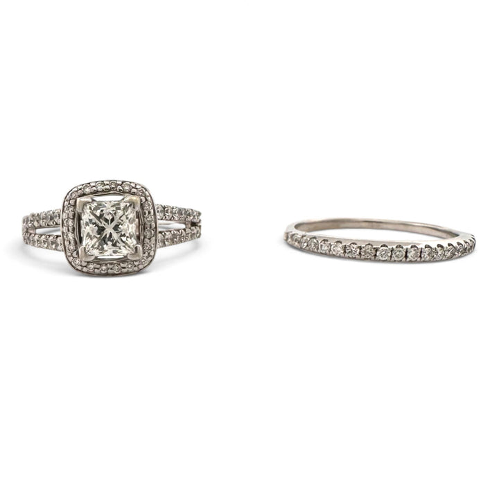 0.92ct Leo Cut Princess with Round Brilliant Natural Diamond Halo Wedding Set in 14k White Gold