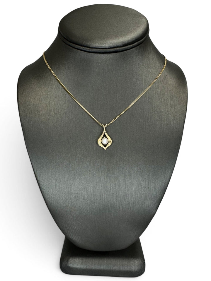 Vintage Cultured Pearl and Natural Diamond Teardrop Pendant Necklace in 14k Yellow Gold