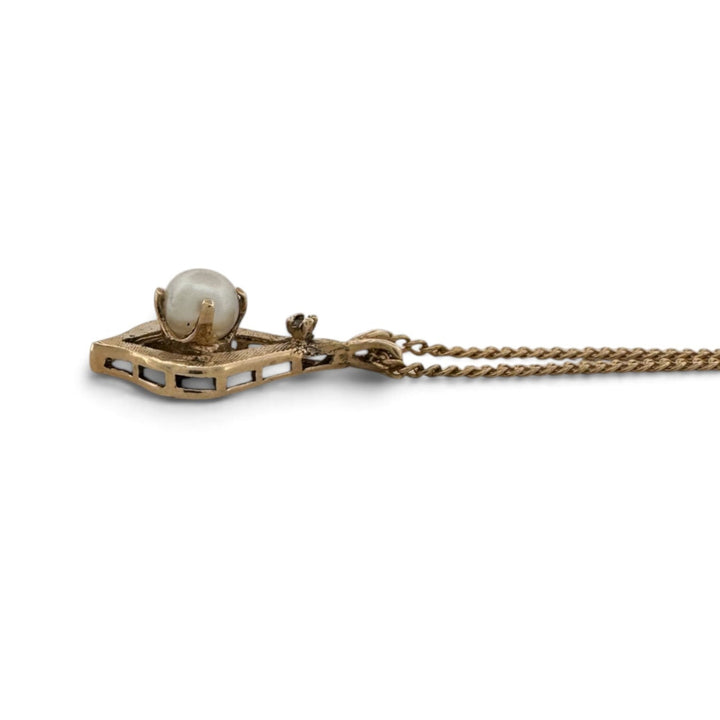 Vintage Cultured Pearl and Natural Diamond Teardrop Pendant Necklace in 14k Yellow Gold