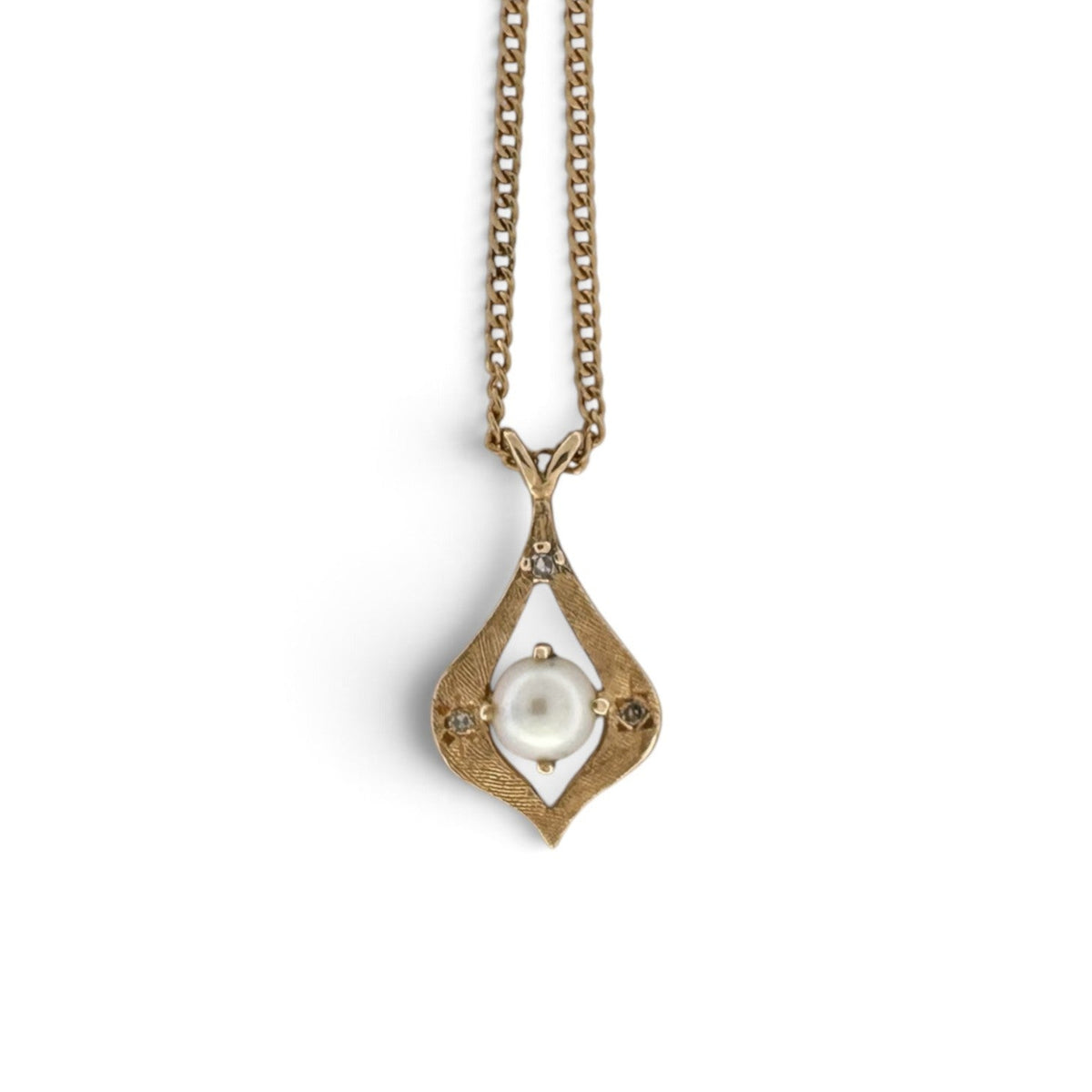 Vintage Cultured Pearl and Natural Diamond Teardrop Pendant Necklace in 14k Yellow Gold