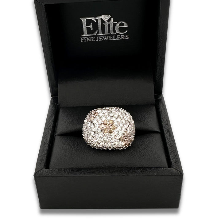 5ctw Brown & White Natural Diamond Domed Cocktail Ring in 18k White Gold
