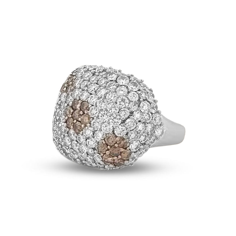 5ctw Brown & White Natural Diamond Domed Cocktail Ring in 18k White Gold
