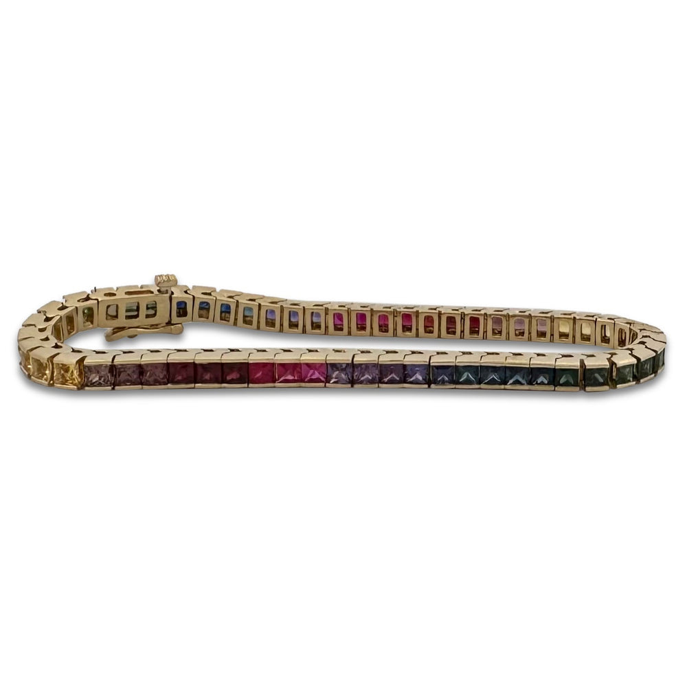 Rainbow Princess Cut Sapphire Tennis Bracelet in 14k Yellow Gold