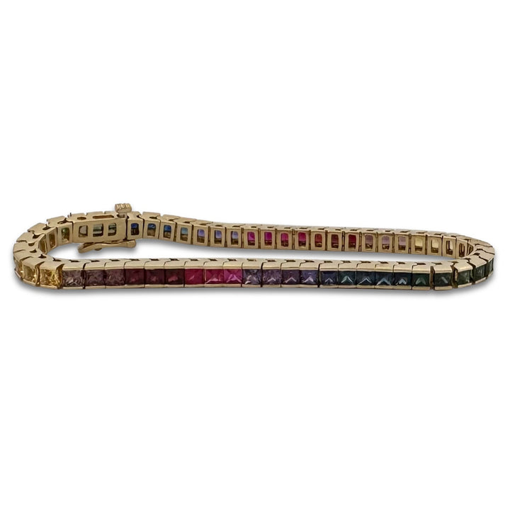 Rainbow Princess Cut Sapphire Tennis Bracelet in 14k Yellow Gold