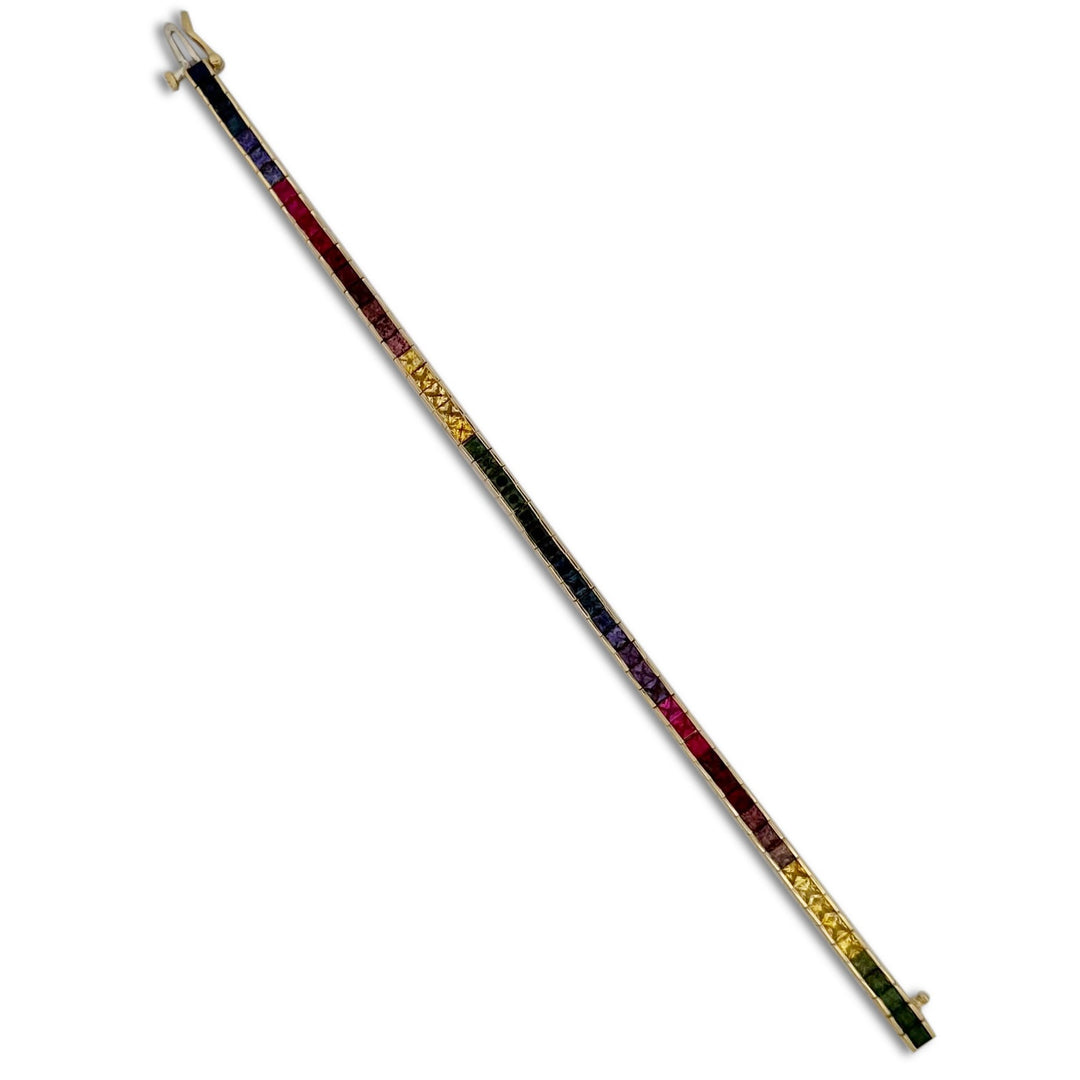 Rainbow Princess Cut Sapphire Tennis Bracelet in 14k Yellow Gold