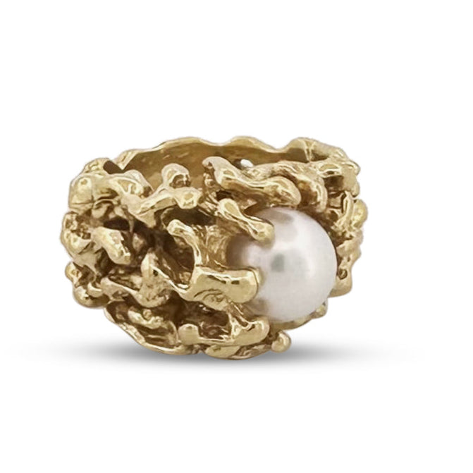 Mid-Century Cultured Pearl Cocktail Ring in 18k Yellow Gold