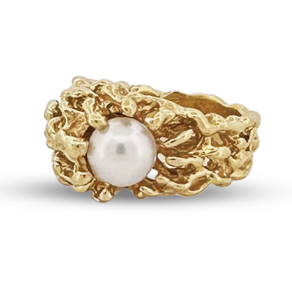 Mid-Century Cultured Pearl Cocktail Ring in 18k Yellow Gold