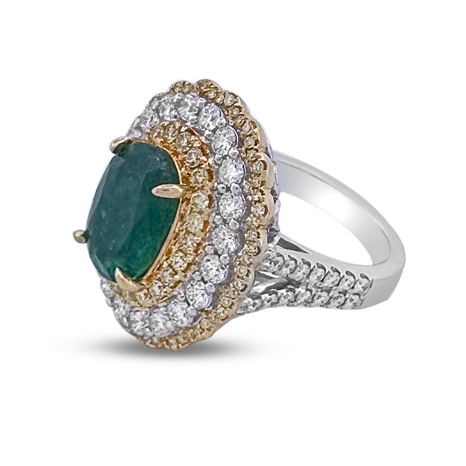 Oval Emerald with Colorless & Yellow Diamond Halos Cocktail Ring in 18k Two-Tone Gold