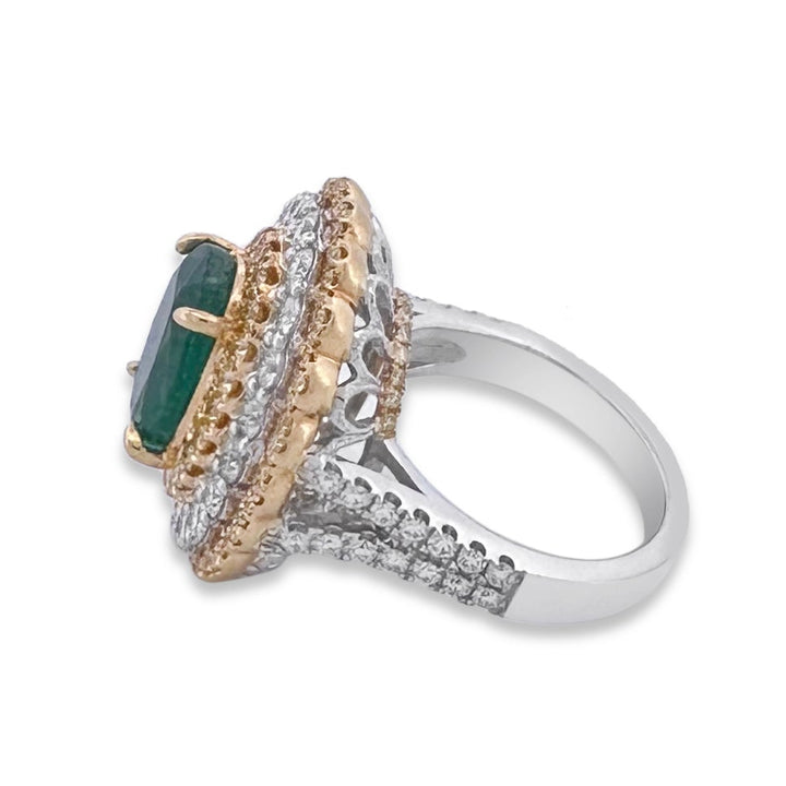 Oval Emerald with Colorless & Yellow Diamond Halos Cocktail Ring in 18k Two-Tone Gold
