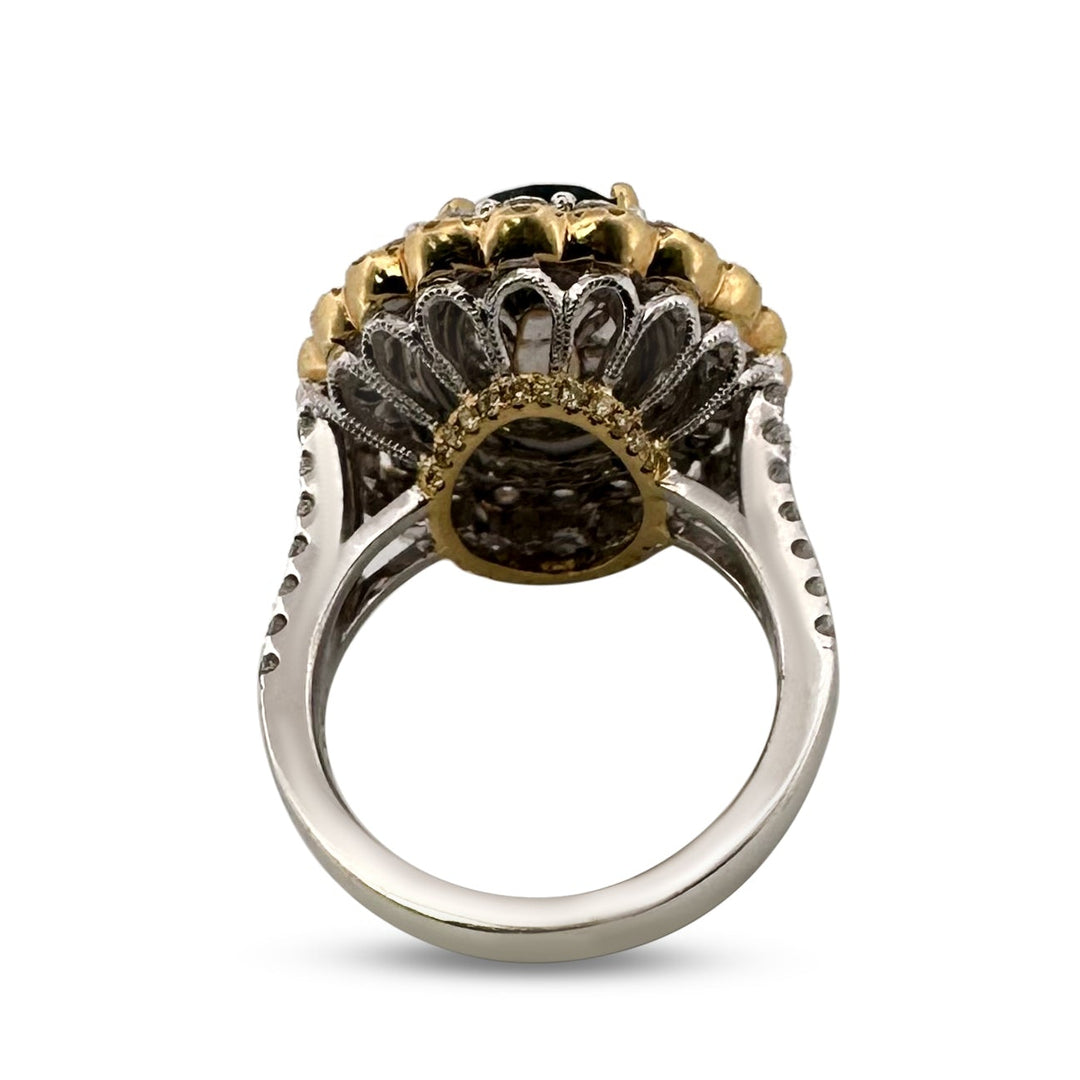 Oval Emerald with Colorless & Yellow Diamond Halos Cocktail Ring in 18k Two-Tone Gold