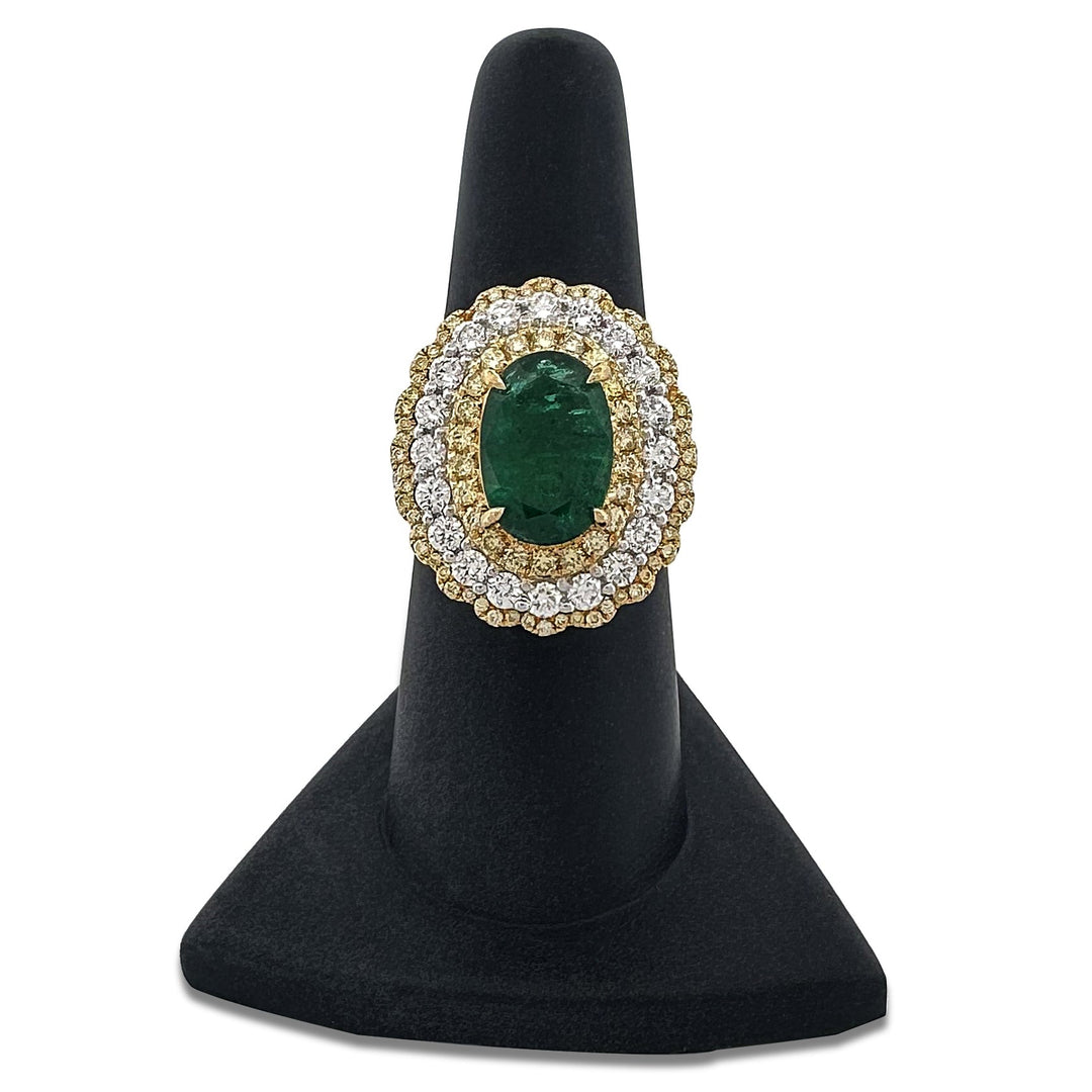 Oval Emerald with Colorless & Yellow Diamond Halos Cocktail Ring in 18k Two-Tone Gold